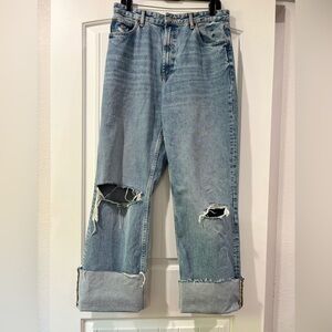 Zara Distressed Wide Leg Raw Hem Rigid Jeans | Size 12